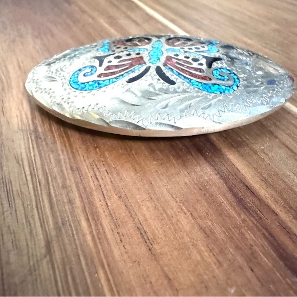 Vintage Silver,red & blue turquoise inlay Butterfly Buckle,marked CB hippie - Picture 6 of 6